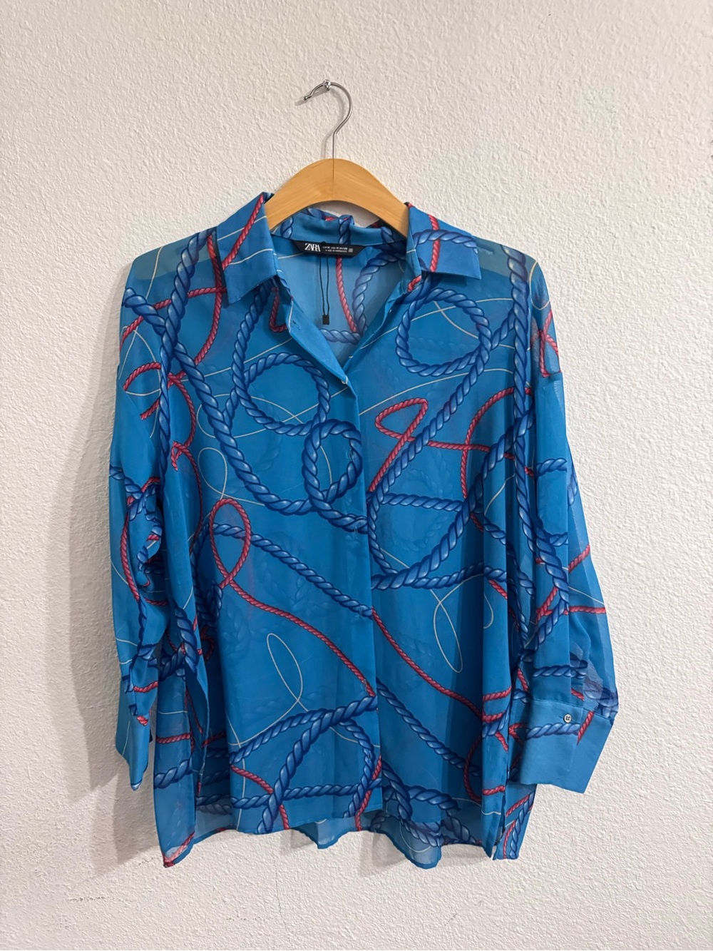 Zara Teal-Blue Rope Print Button-Down Shirt
